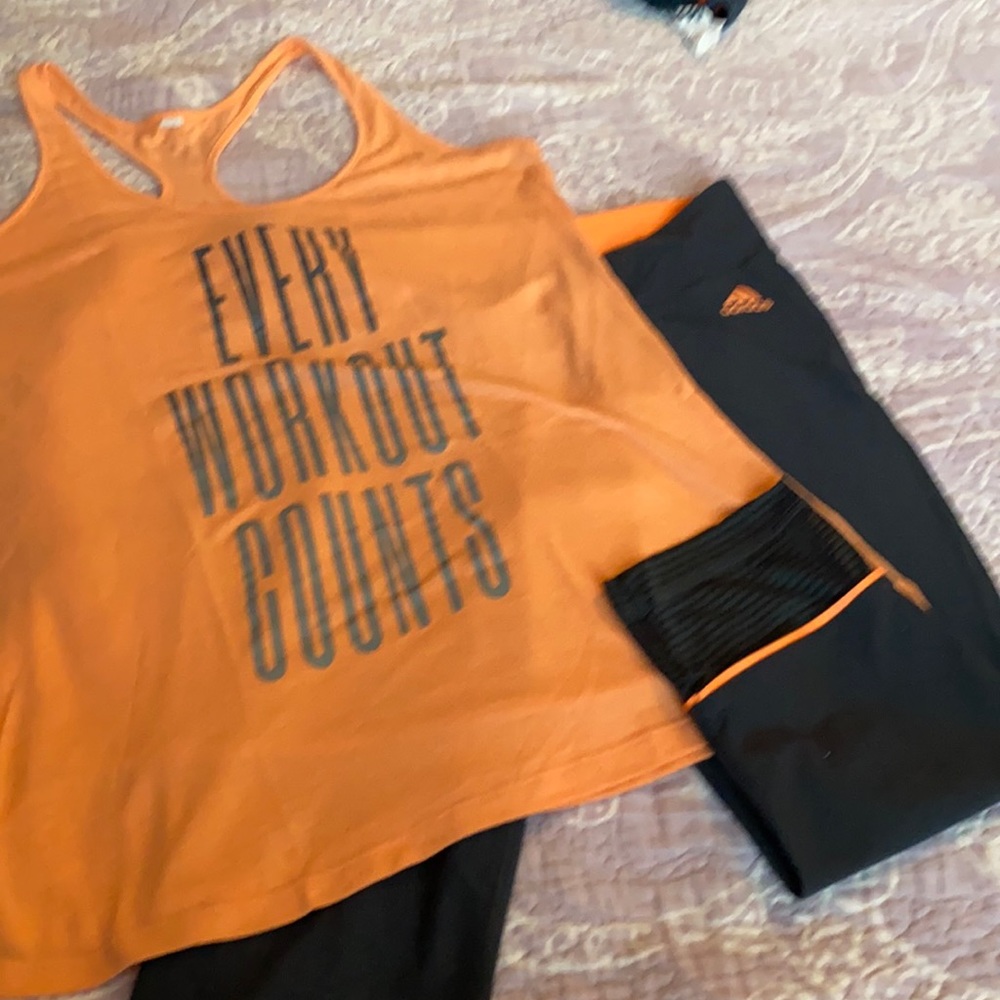 Under Armour Tank and Cropped adidas leggings.